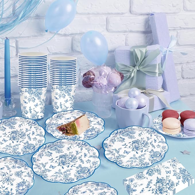 100pcs Blue Floral Paper Plates Napkins Flower Scalloped Tableware | Disposable - Image 4