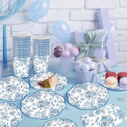 100pcs Blue Floral Paper Plates Napkins Flower Scalloped Tableware | Disposable - Image 4