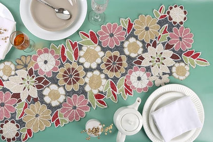 Floral Beaded Table Runner, 13x36 | Handcrafted glass beads, polyester backing - Image 2