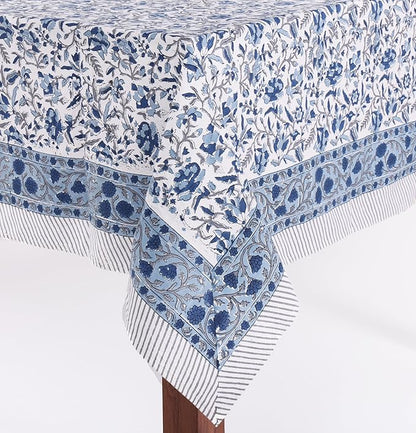 ATOSII Jodhpur Blue 100% Cotton Rectangle Tablecloth, Handblock Floral Linen Table Cloth for Kitchen Dining Table I Parties Wedding Outdoors I Home Decor 60 X 108 Inches