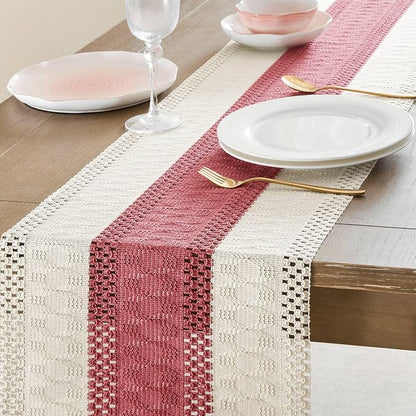 Macrame Style Bicolor Stitching Table Runner 14x90in Dusty Rose | Woven Boho - Image 5