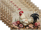 Vintage Rooster Floral Placemats Set of 6, Farmhouse Chicken Linen Place Mat Washable Stain Resistant Table Mats for Seasonal Kitchen Dining 12x18 Inch