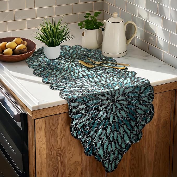 Handmade Beaded Table Runner 13 x 36 Inch, Decorative Glass Bead Table Runner - Image 3