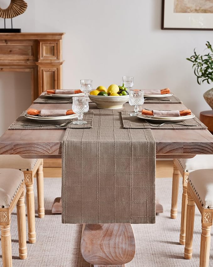 Linen Checked Farmhouse Table Runner, 13x36 Inches Cocoa Brown | Raised Grid - Image 2