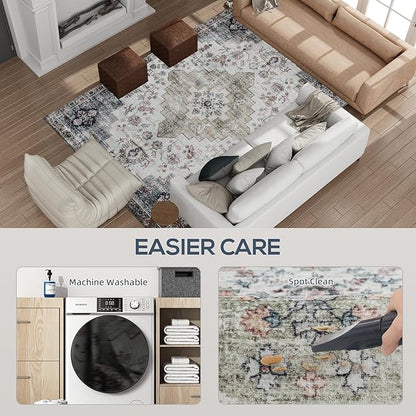 HOMCOM Washable Area Rug, 5'x7' Vintage Indoor Distressed Carpet, Retro Floor Cover Foldable, Floral Print Mat for Living Room, Bedroom, Dining Room, Brown and Green