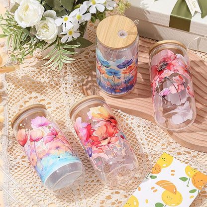 Mumufy 4 Pack Wildflower Glass Cups Gift Aesthetic Cute Glass Cup Tumbler - Image 4