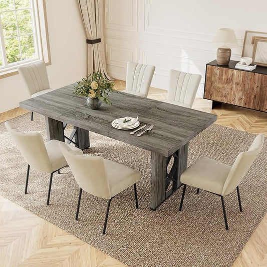 7-Piece Dining Table Set for 6 People, 70.8" MDF Kitchen Table with 6 Velvet Chairs, Space-Saving for Dining Room, Breakfast Nook(Grey Table+6 Beige Chairs)