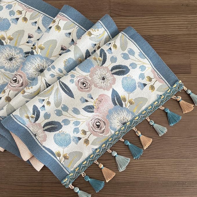 Floral Table Runner with Tassel Edges, Cotton Blend Decorative Runner - Image 4