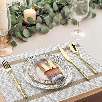 SLKQG Beige White Placemats Set of 8 - Easy Clean Modern Durable Washable Vinyl Place Mats - Heat Resistant Placemats for Kitchen Table - PVC Table Mats for Dining Table (Beige White with Stripes, 8)