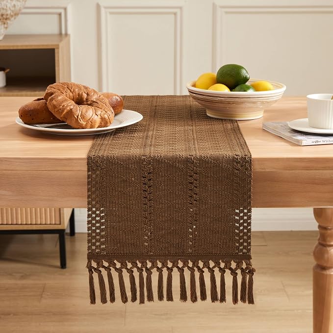 Macrame Style Boho Table Runner, 12x90 Inch Caramel | Woven Boho Table Runner - Image 2
