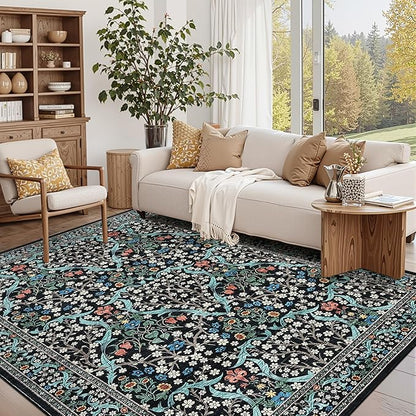 GarveeHome 6x9 Washable Area Rug for Living Room, Floral Dining Room Rugs for Under Table, Low Pile Non-Slip Stain Resistance Floor Carpet for Bedroom, Black