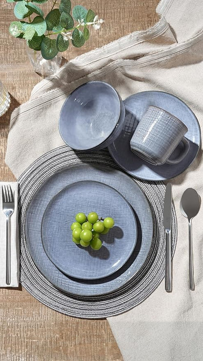 Famiware Moonlight Plates and Bowls Sets, 24 Pieces Stoneware Dinnerware Sets with Linen Finish, Handmade Dishware Set for 8, Microwave and Dishwasher Safe, Chip and Scratch Resistant, Blue