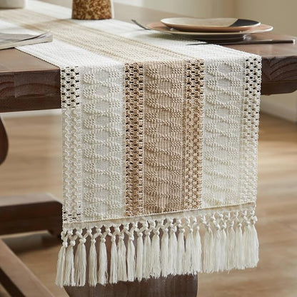 Macrame Style Bicolor Stitching Table Runner 14x108in Taupe | Woven Boho Table - Image 7
