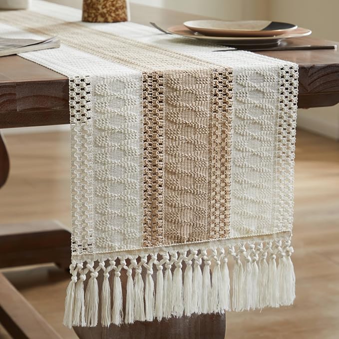Macrame Style Bicolor Stitching Table Runner 14x60in Taupe | Woven Boho Table - Image 7
