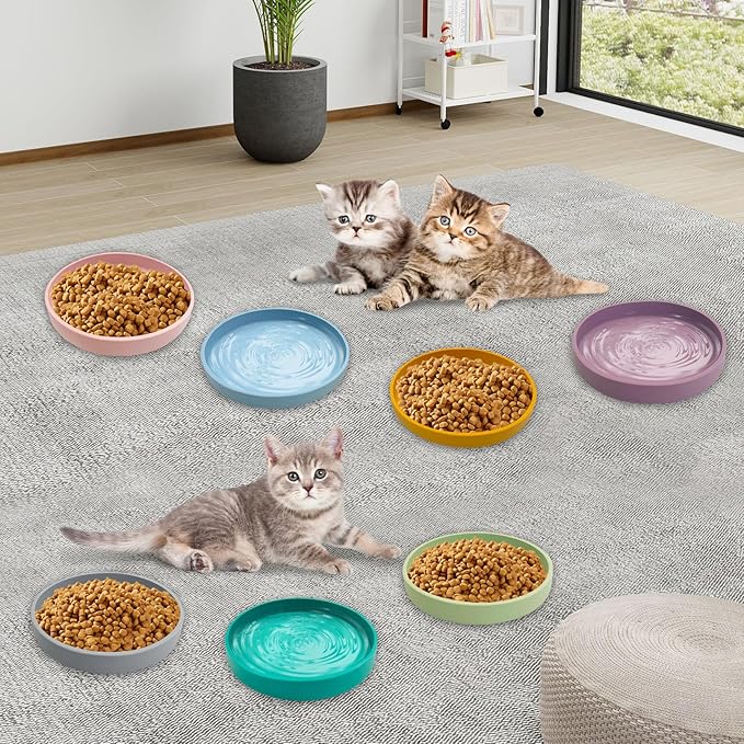 Silicone Cat Food Bowls Shallow Cat Dishes 5.9in Wide Pet Plates Set of 2 Small Flat Dog Saucer Bowl Cute Whisker Fatigue Kitten Feeding Dish for Dry & Wet Food (Round Purple)