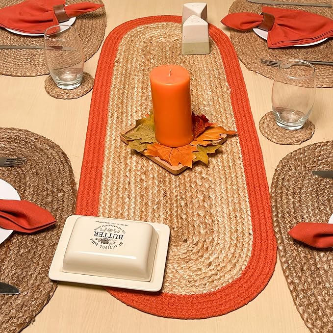 Verona Woven Jute & Cotton Table Runner, 13x36 Inches, Natural | Oval, Rust by ChardinHome