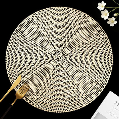 FAVE 8PCS Gold Vinyl Round Placemats, Wheat Sheaf Design 15 Inch Placemats Set of 8 Washable for Dining, Events, Banquet, Home & Daily Use (Gold Wheat,8pcs)