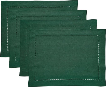Solino Home Linen Placemats Set of 4 - Classic Hemstitch Rainforest Green Placemats 14 x 19 Inch - 100% Pure Linen Table Mats for Winter, St Patricks Day