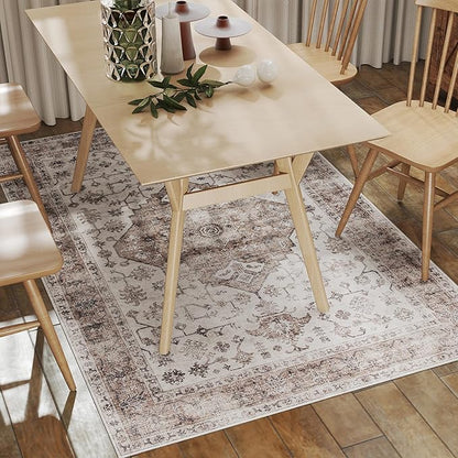 HOMCOM Washable Area Rug, 4'x6' Vintage Indoor Distressed Carpet, Retro Floor Cover Foldable, Floral Print Mat for Living Room, Bedroom, Dining Room, Tan
