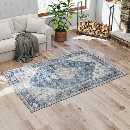 HOMCOM Washable Area Rug, 4'x6' Vintage Indoor Distressed Carpet, Retro Floor Cover Foldable, Floral Print Mat for Living Room, Bedroom, Dining Room, Blue
