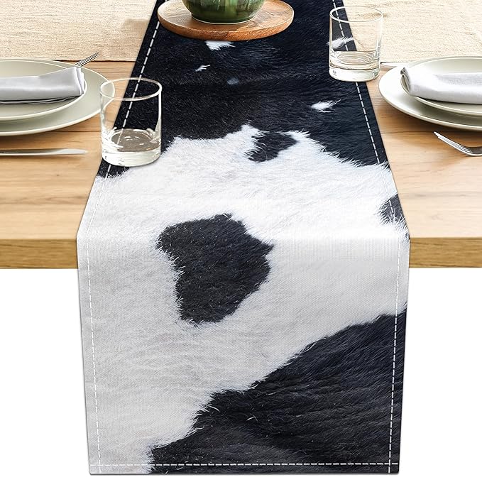 Linen Cow Print Table Runner 13x71 Inch Farmhouse Western White Black Cowhide by LXXTK