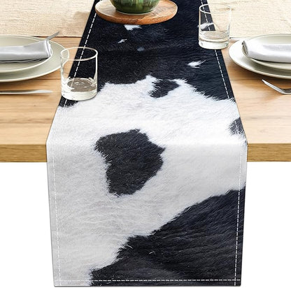 Linen Cow Print Table Runner 13x71 Inch Farmhouse Western White Black Cowhide by LXXTK