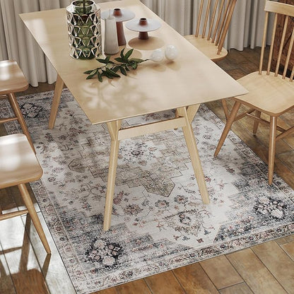 HOMCOM Washable Area Rug, 4'x6' Vintage Indoor Distressed Carpet, Retro Floor Cover Foldable, Floral Print Mat for Living Room, Bedroom, Dining Room, Brown and Green