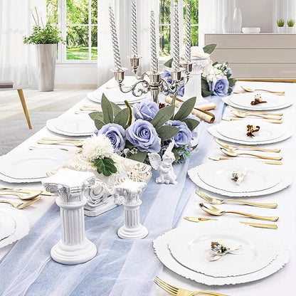 Morejoy 100PCS White Plastic Plates，White Disposable Plates，Include 50 Pieces 10.25 Inch Dinner Plates & 50Pieces 7.5 Inch Dessert Plates,Perfect for Weddings & Party