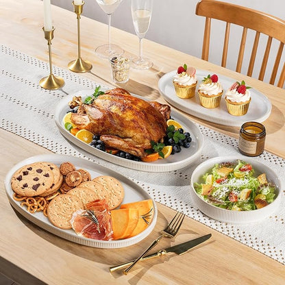theterra Ceramic Serving Platter, 15.6"/14.4"/12.2" Oval Serving Dishes for Entertaining, Oven Safe, Microwave Safe, Serving Plates Set of 3 for Wedding, Party, Turkey, Reactive White