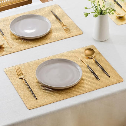 Jovono Faux Leather Placemats Set of 6, Waterproof Washable Table Mats, Easy-Clean Heat Resistant Kitchen Vinyl Place Mat for Dining Table, Wedding, Holidays, Indoor, 17.8"x11.8", Gold