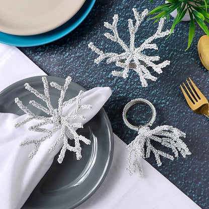 CLEENTABLE Beaded Napkin Rings Set for Dining Table - Elegant Pearl White Glass Beads with Silver Finish – Perfect for Weddings, Coastal Décor, Parties & Holiday Entertaining (White)