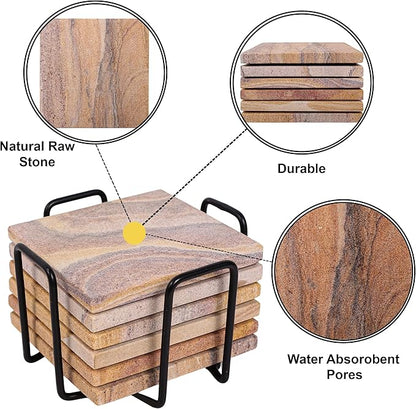 Sandstone Water Absorbent Hand Crafted Round Coasters for Drinks - 4 Inches Wide Thirsty Stone Bar, Drink Coasters- Made from Rainbow Sandstone (Design 5)