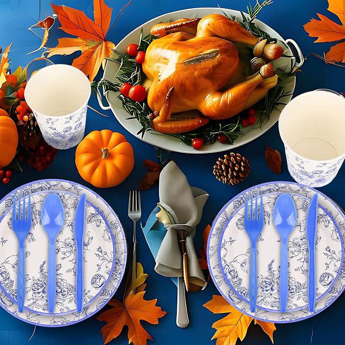 175Pcs Blue Floral Paper Plates and Napkins 25 Guests Blue Toile Chinoiserie - Image 6