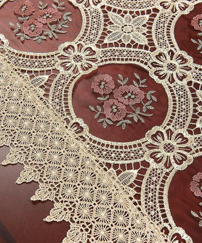 Gold Floral Lace Table Runner Dresser Scarves Embroidered Wine Red Translucent - Image 2