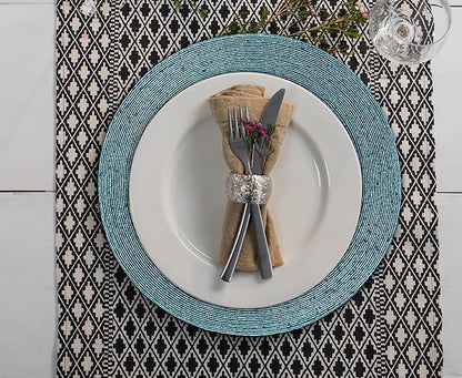 Lightnpro Beaded Placemats Set of 4 - Round Handmade Farmhouse Table Chargers - Decorative Glitz Placemats for Dining Table, Holiday Parties, Wedding, Kitchen & Event Décor - 13 Inch Teal