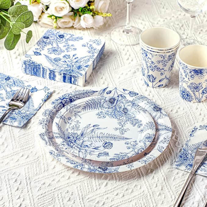 250 Pcs Blue Floral Paper Plates and Napkins Blue Bridal Shower Tea Party - Image 7