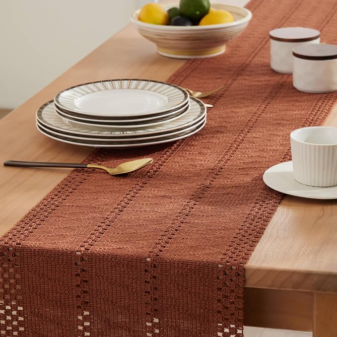 Macrame Style Boho Table Runner, 12x60 Inch Terracotta | Woven Boho Table Runner - Image 5