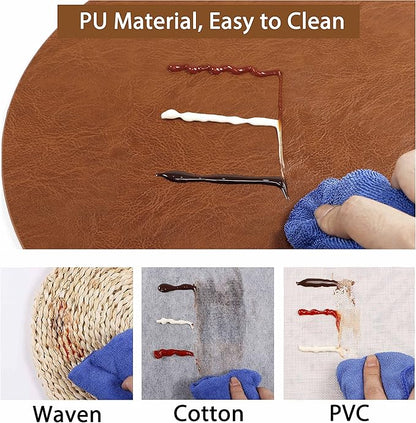 Embossed PU Leather Placemats, Waterproof Coffee Coasters, Kitchen Table Mats, Easy to Wipe Off for Dining Round Table
