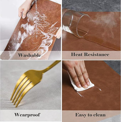 Cowhide Pattern PU Leather Placemats Set of 6 Heat Resistant Kitchen Table Mats, Non-Slip Dining Table Decorations, Double-Sides Waterproof Wipeable Place mats(Camel)