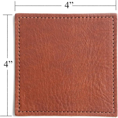American Made Leather Coasters - Premium Full Grain Leather, Double Layered Square Rustic Brown Coaster Set, 4”x4” - Handmade in The USA - Set of 4