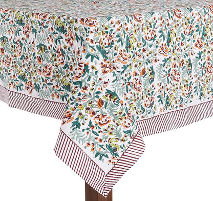 ATOSII Ambrosia Green 100% Cotton Rectangle Fall Tablecloth, Handblock Floral Print Linen Table Cloth for Kitchen Dining I Weddings, Outdoors, Christmas, Thanksgiving 60 X 108 Inches I 8 Seater