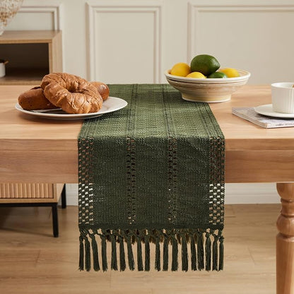 Macrame Style Boho Table Runner, 12x90 Inch Olive | Woven Boho Table Runner - Image 2