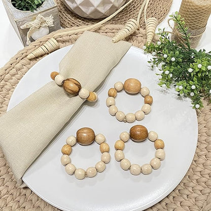 Napkin Rings Set of 6 - Wooden Beads Napkin Rings | Rustic Wooden Napkin Ring Holder for Table Decoration Handmade LEBEJUA Napkin Ring with Wood Beads & Napkin Holder with Jute Twine