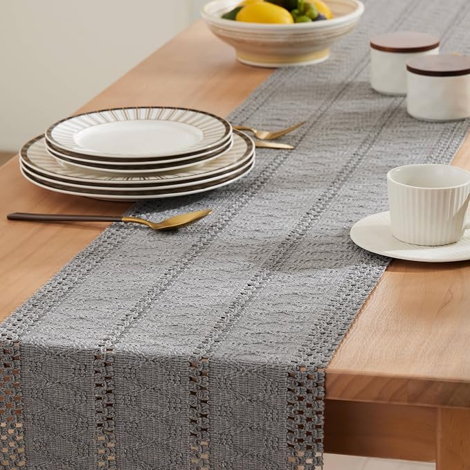 Macrame Style Boho Table Runner, 12x48 Inch Grey | Woven Boho Table Runner - Image 5