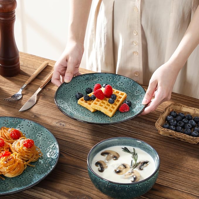 MALACASA 16 Pieces Dinnerware Sets, Farmhouse Plates and Bowls Sets, Embossed - Image 5
