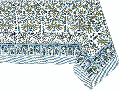 ATOSII Nargis Blue 100% Cotton Rectangle Summer Tablecloth, Indian Block Print Floral Table Cloth I Dining Parties Weddings Outdoors Holidays 60 X 108 Inches 8 Seater I Grandmillennial Farmhouse Boho