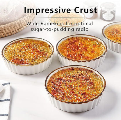 ONEMORE Ramekins 4 oz - Oven Safe Shallow Ramekins with Brown Rim for Creme Brulee - Speckled, Fluted, Set of 6