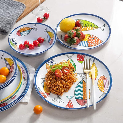 Melamine Dinnerware set for 4, Plates and Bowls Sets, Great for Camper, RV, Indoors Outdoors Use with Ocean Printed, Unbreakable
