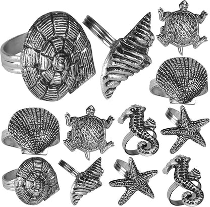 ALPHA Living HOME Napkin Rings Set of 12, Premium 100% Metal, Rust-Resistant Tabletop Décor - Antique Coastal Sea Shell Napkin Holdersfor Family Dinner, Wedding, Party, Decorations - Antique Silver