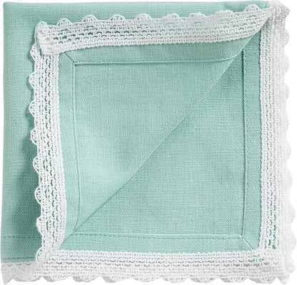 Fingercraft Dinner Cloth Napkin Cotton Linen Set of 12 Mitered Corners with Natural Elegant Lace for Everyday Use Napkins are Pre Shrunk and Good Absorbency with Lace 20x20 in Aqua